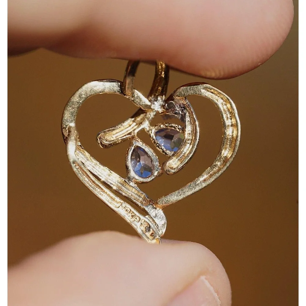 Vintage 10k Solid Yellow Gold Heart Natural‎ Diamond & Amethyst Necklace/Pendant